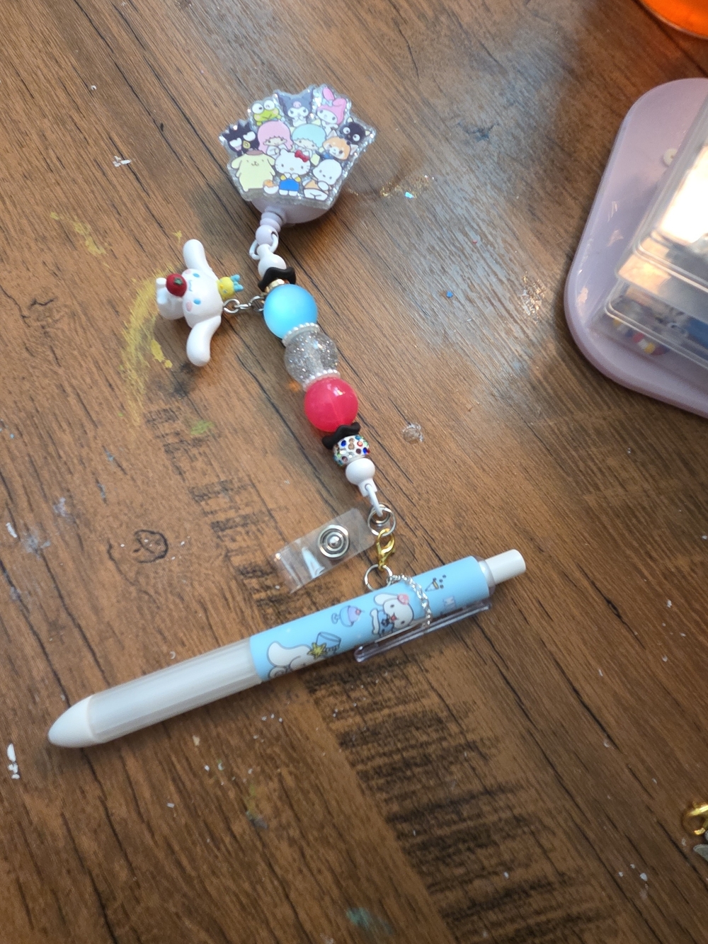 Hand Crafted Sanrio Badge Reel With Cinna Charm And Cinna Pen